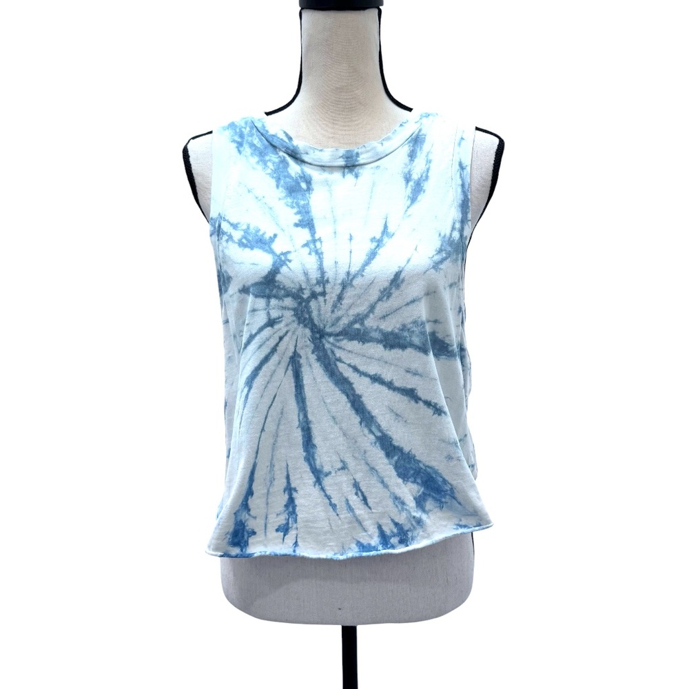ASOS DESIGN SLEEVELESS T SHIRT VEST IN BLUE & WHITE SPIRAL TIE DYE